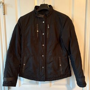 EUC, Bogner Black Quilted Jacket, Leather Trim and Snap Front Closure. Size 10